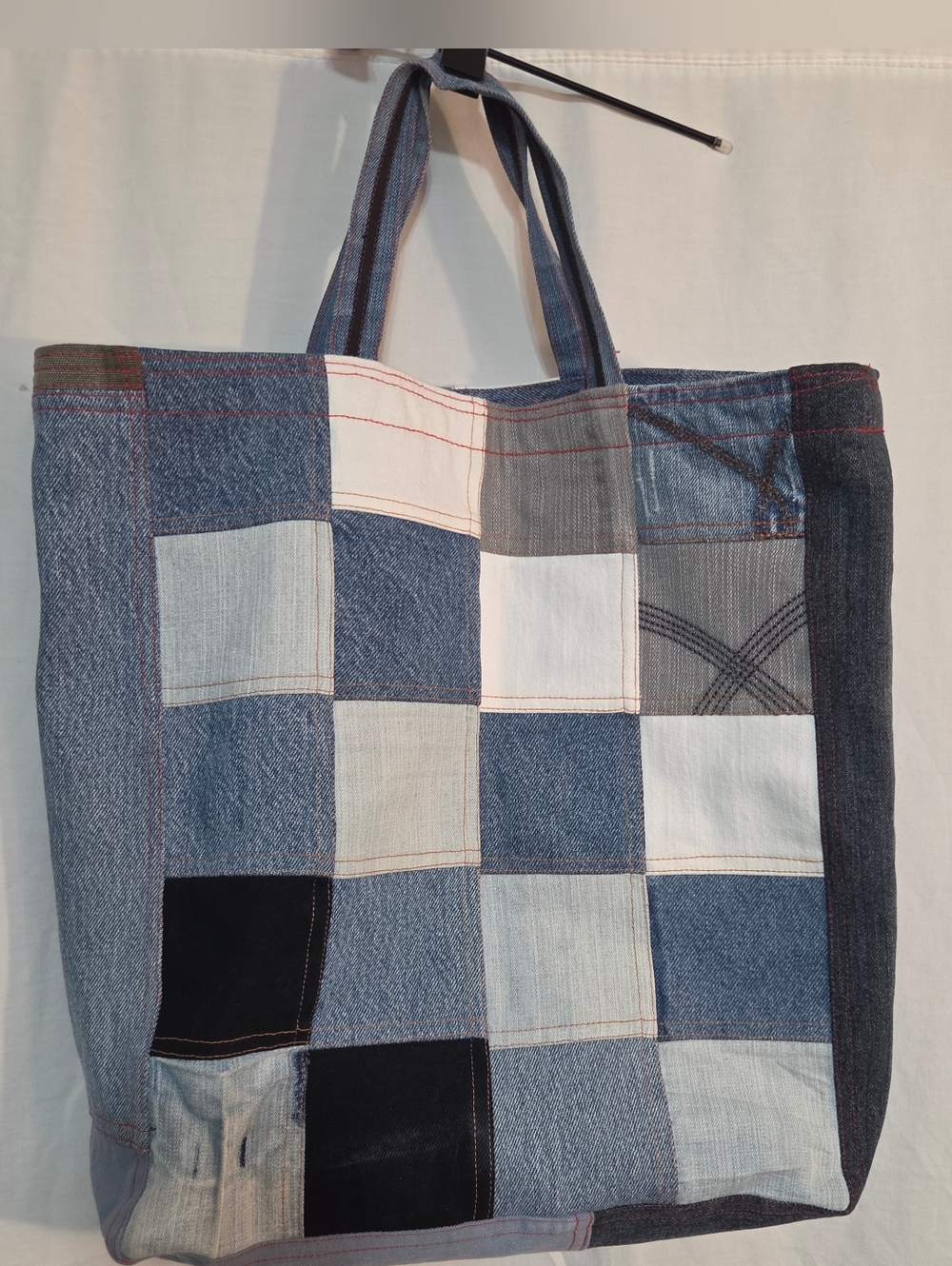 Patchwork Denim Tote Bag in Mixed Blue and White
